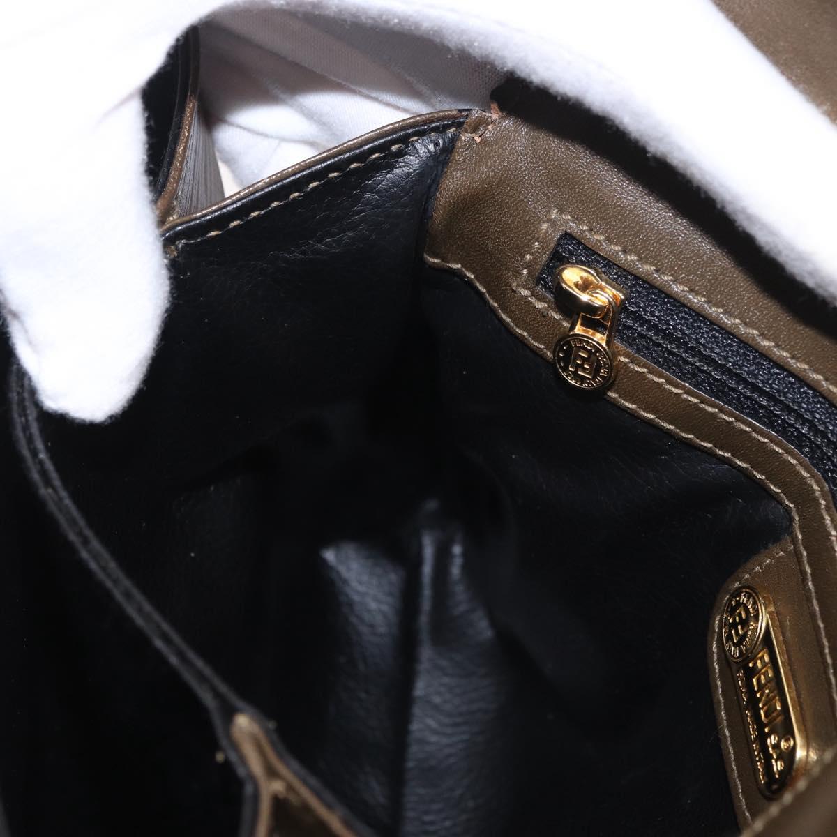 FENDI Hand Bag Leather 2way Khaki Gold Auth 186587A