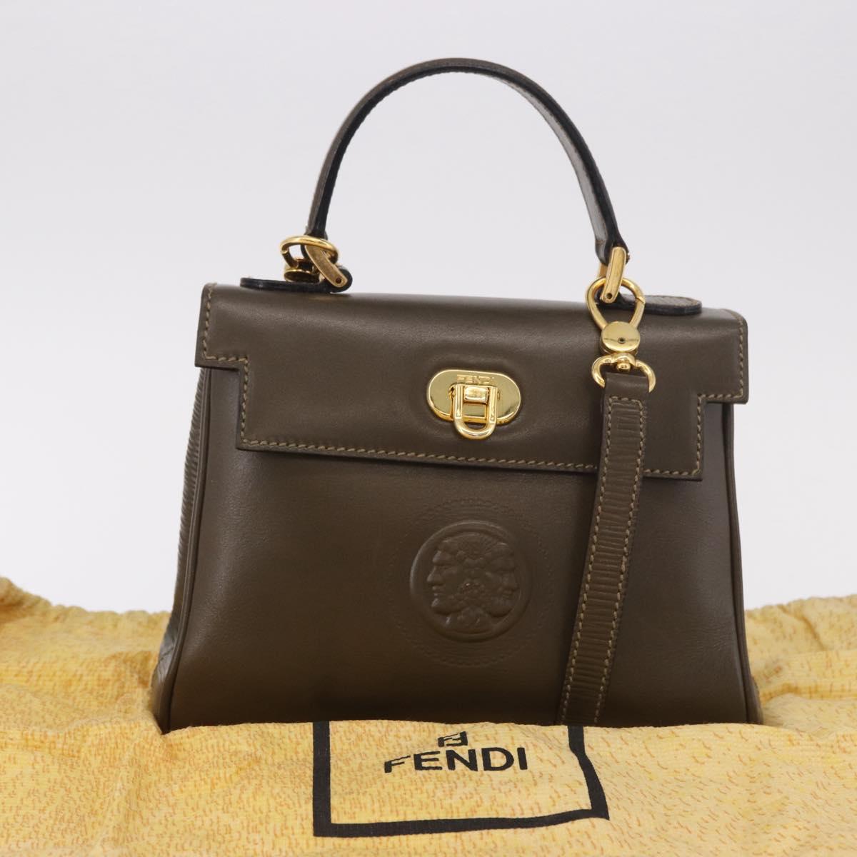 FENDI Hand Bag Leather 2way Khaki Gold Auth 186587A