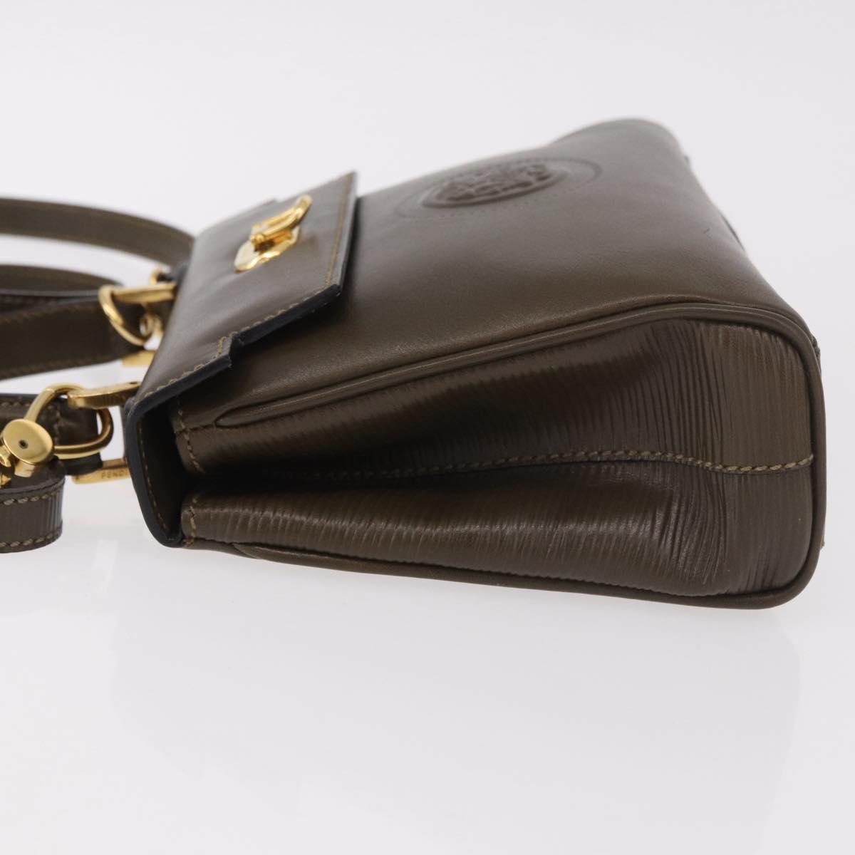 FENDI Hand Bag Leather 2way Khaki Gold Auth 186587A