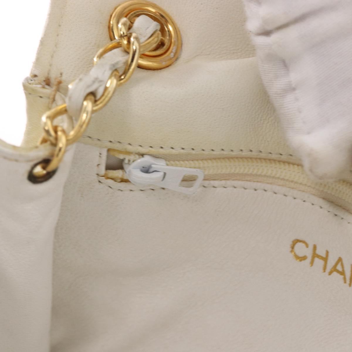 CHANEL Chain Shoulder Bag Lamb Skin White Gold CC Auth 186589A
