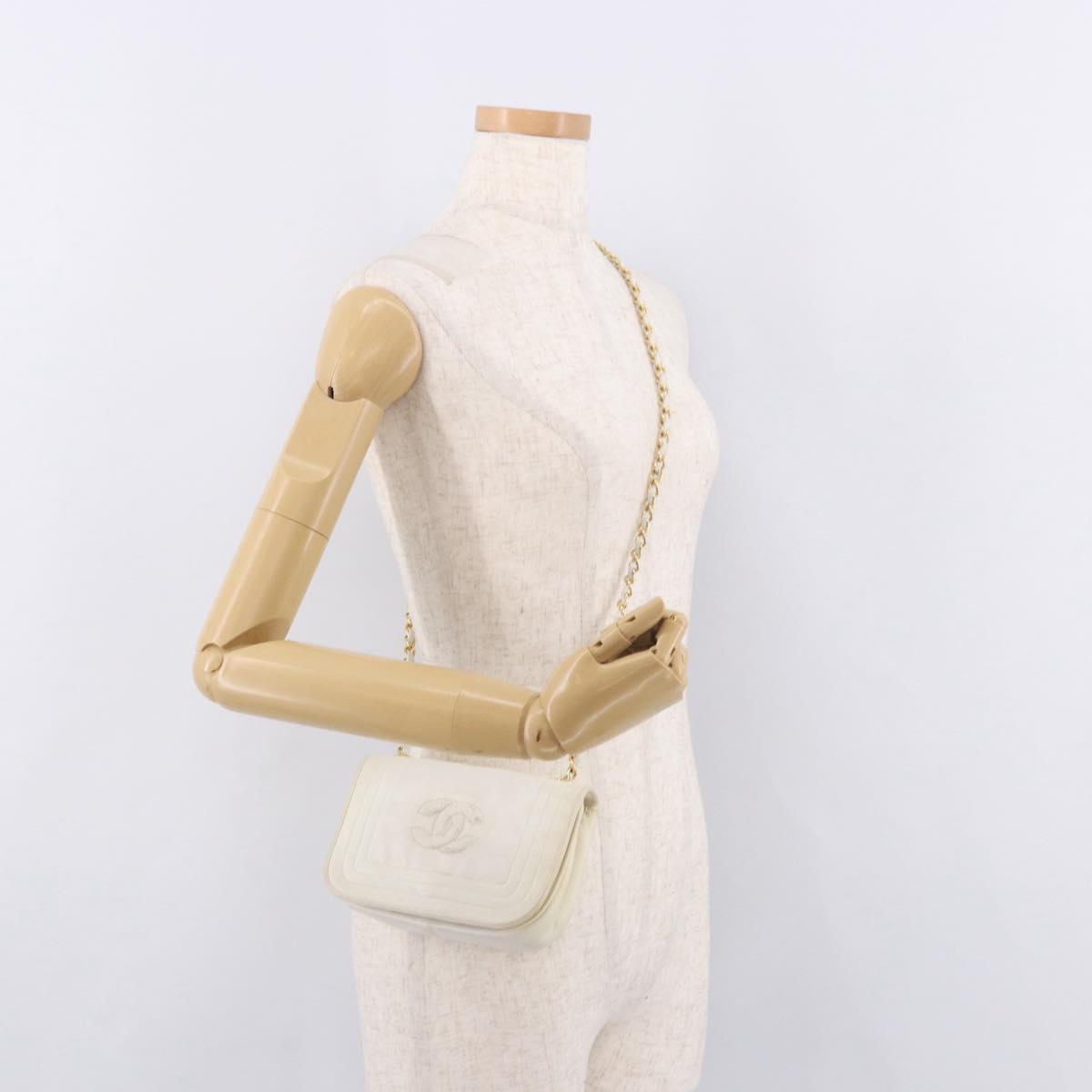 CHANEL Chain Shoulder Bag Lamb Skin White Gold CC Auth 186589A