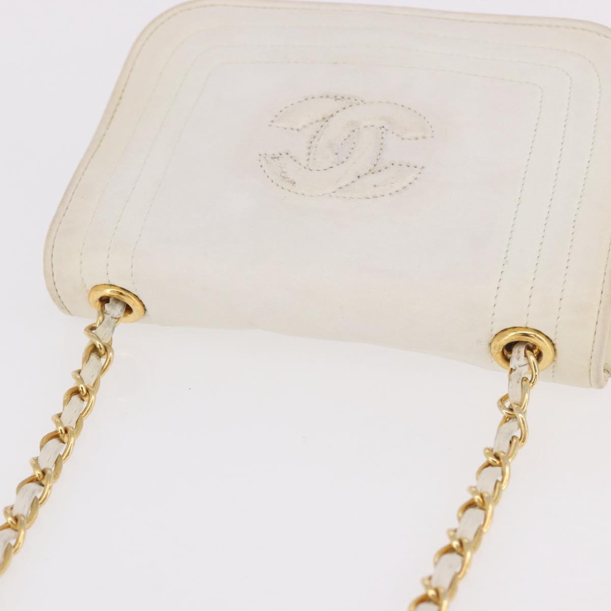 CHANEL Chain Shoulder Bag Lamb Skin White Gold CC Auth 186589A