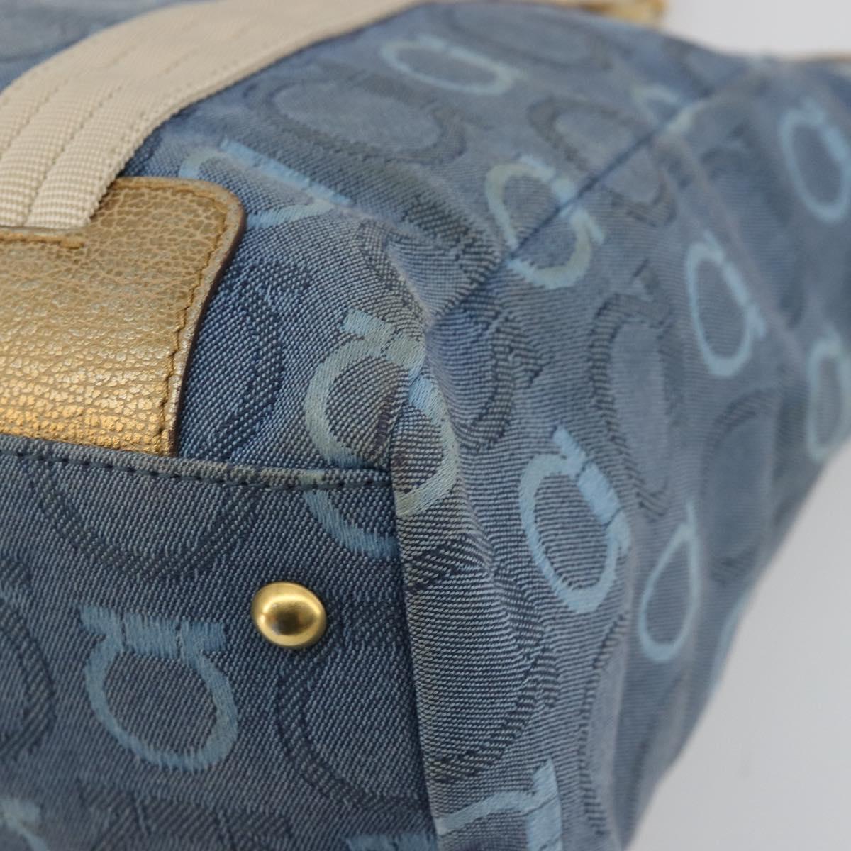 Salvatore Ferragamo Gancini Hand Bag Canvas Blue Gold Auth 186591