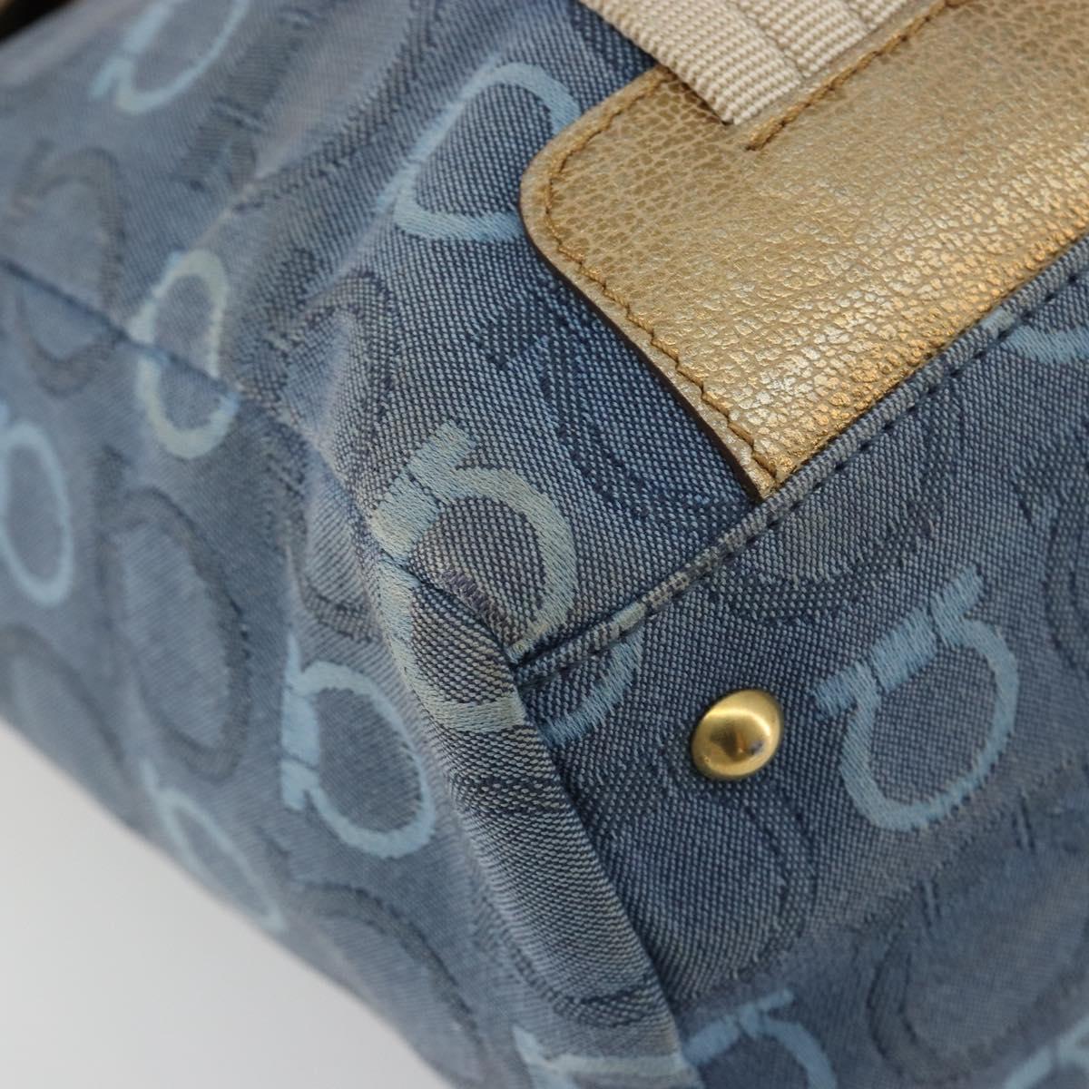 Salvatore Ferragamo Gancini Hand Bag Canvas Blue Gold Auth 186591