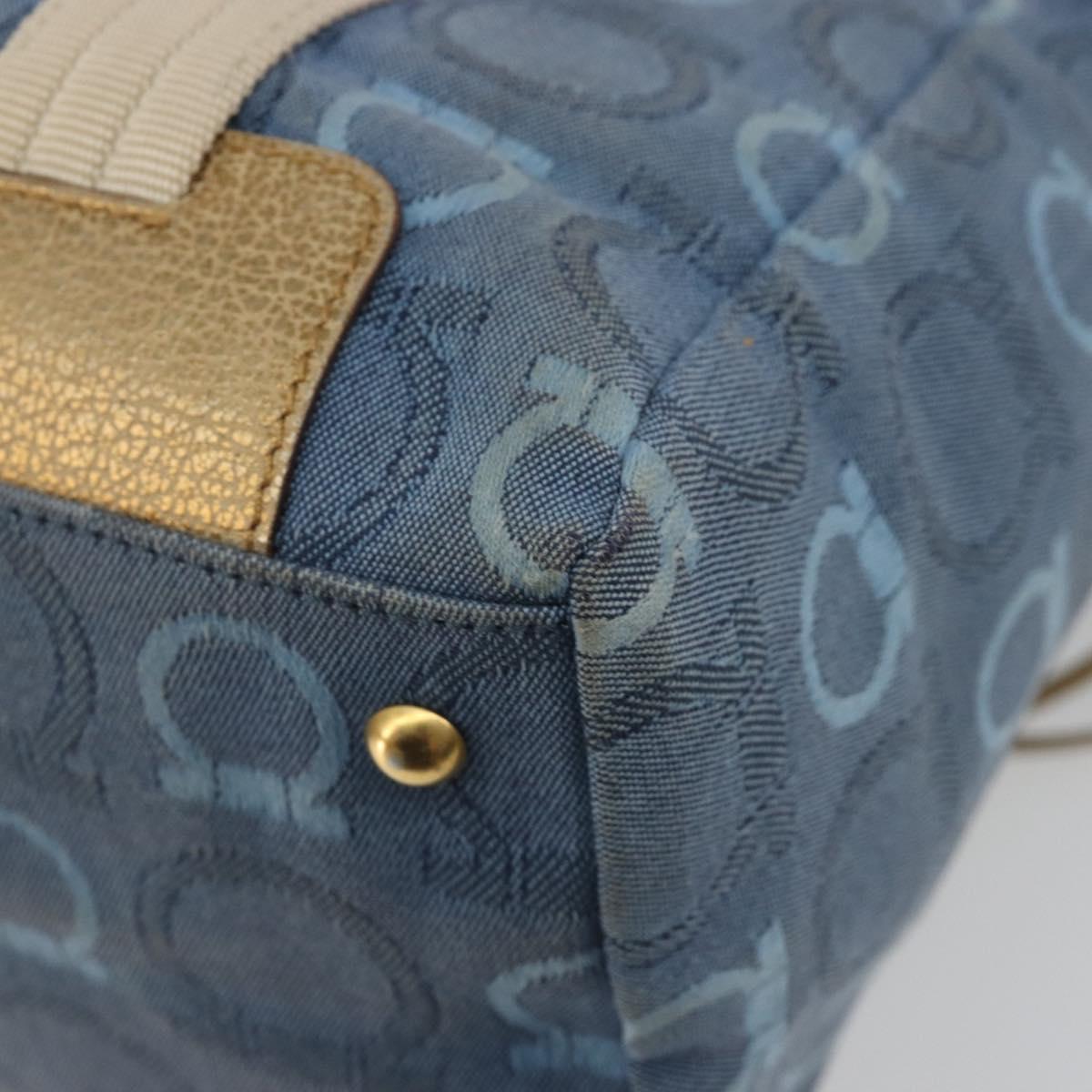 Salvatore Ferragamo Gancini Hand Bag Canvas Blue Gold Auth 186591