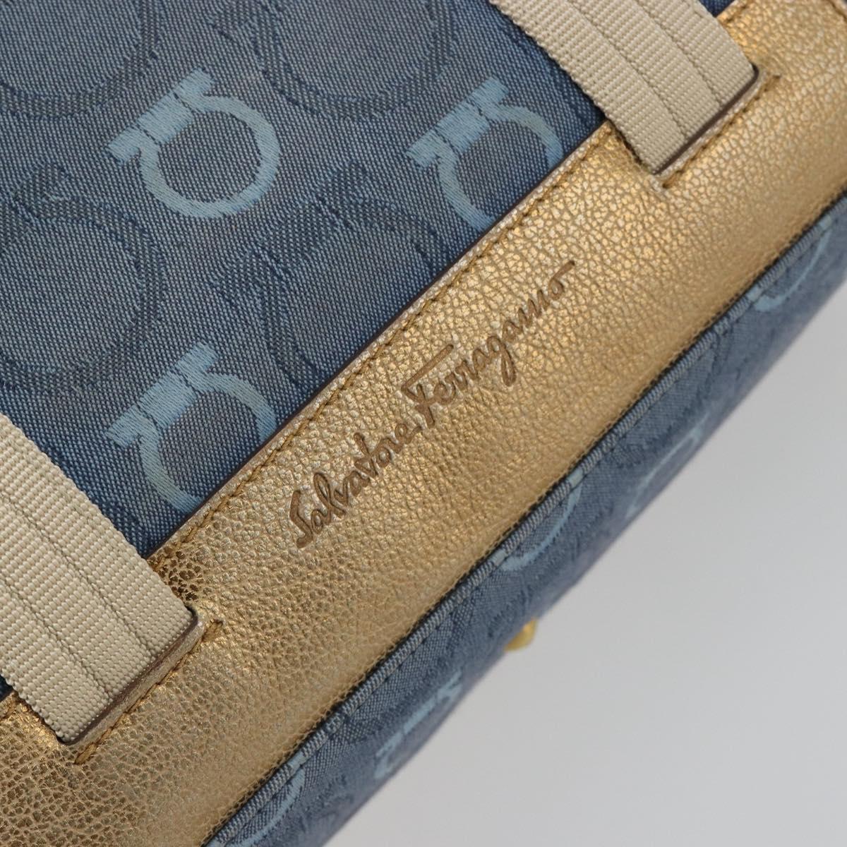 Salvatore Ferragamo Gancini Hand Bag Canvas Blue Gold Auth 186591