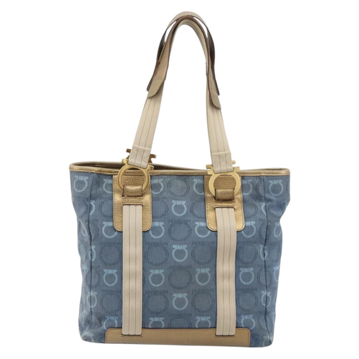 Salvatore Ferragamo Gancini Hand Bag Canvas Blue Gold Auth 186591