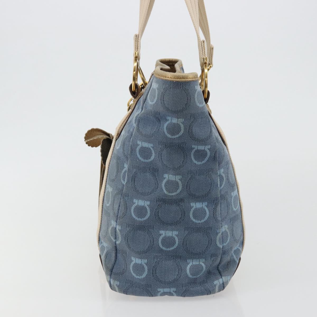 Salvatore Ferragamo Gancini Hand Bag Canvas Blue Gold Auth 186591