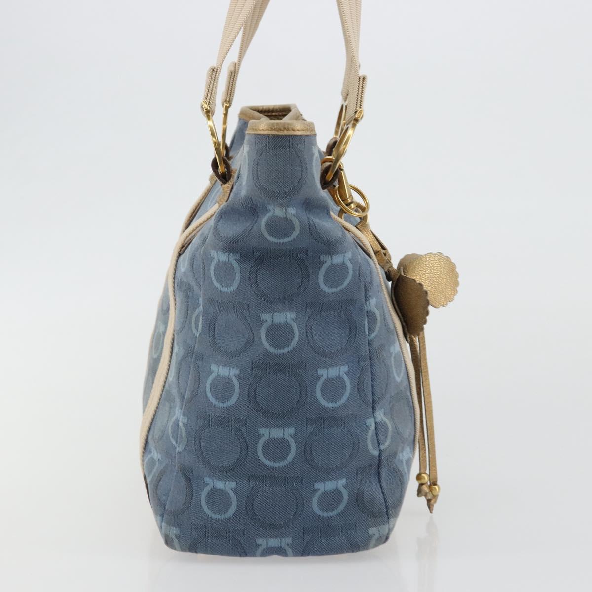 Salvatore Ferragamo Gancini Hand Bag Canvas Blue Gold Auth 186591