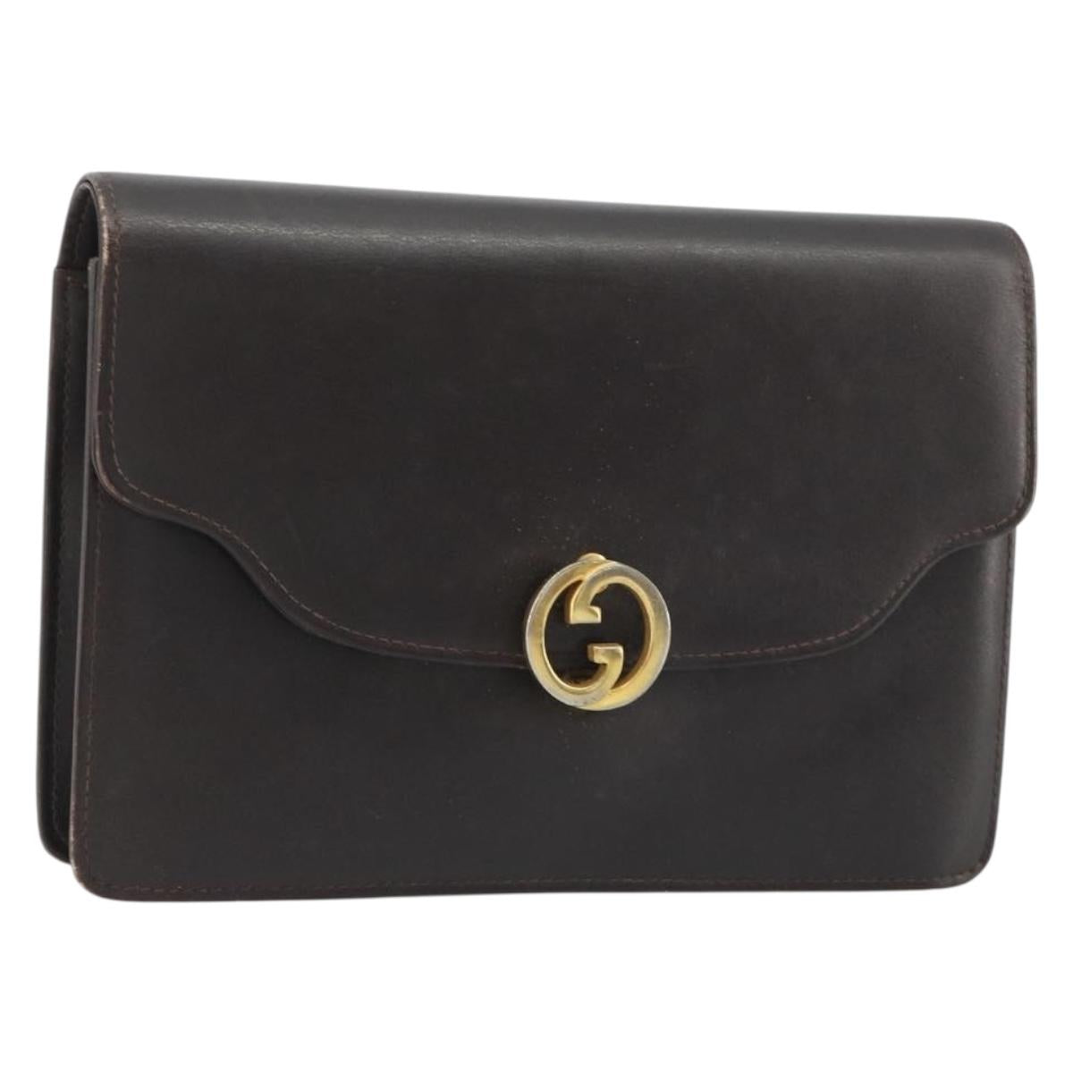 GUCCI Clutch Bag Leather Brown Gold Auth 186593