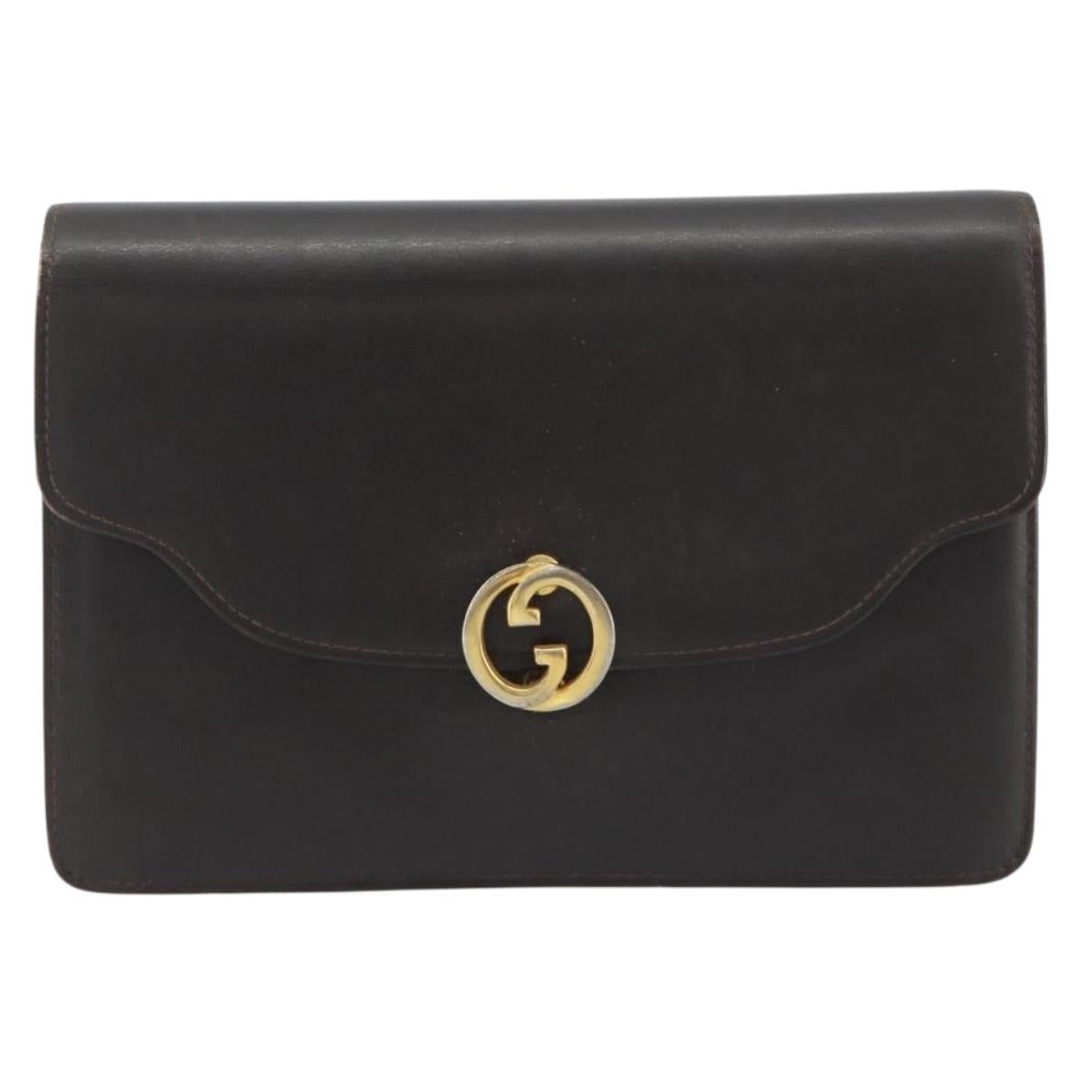 GUCCI Clutch Bag Leather Brown Gold Auth 186593