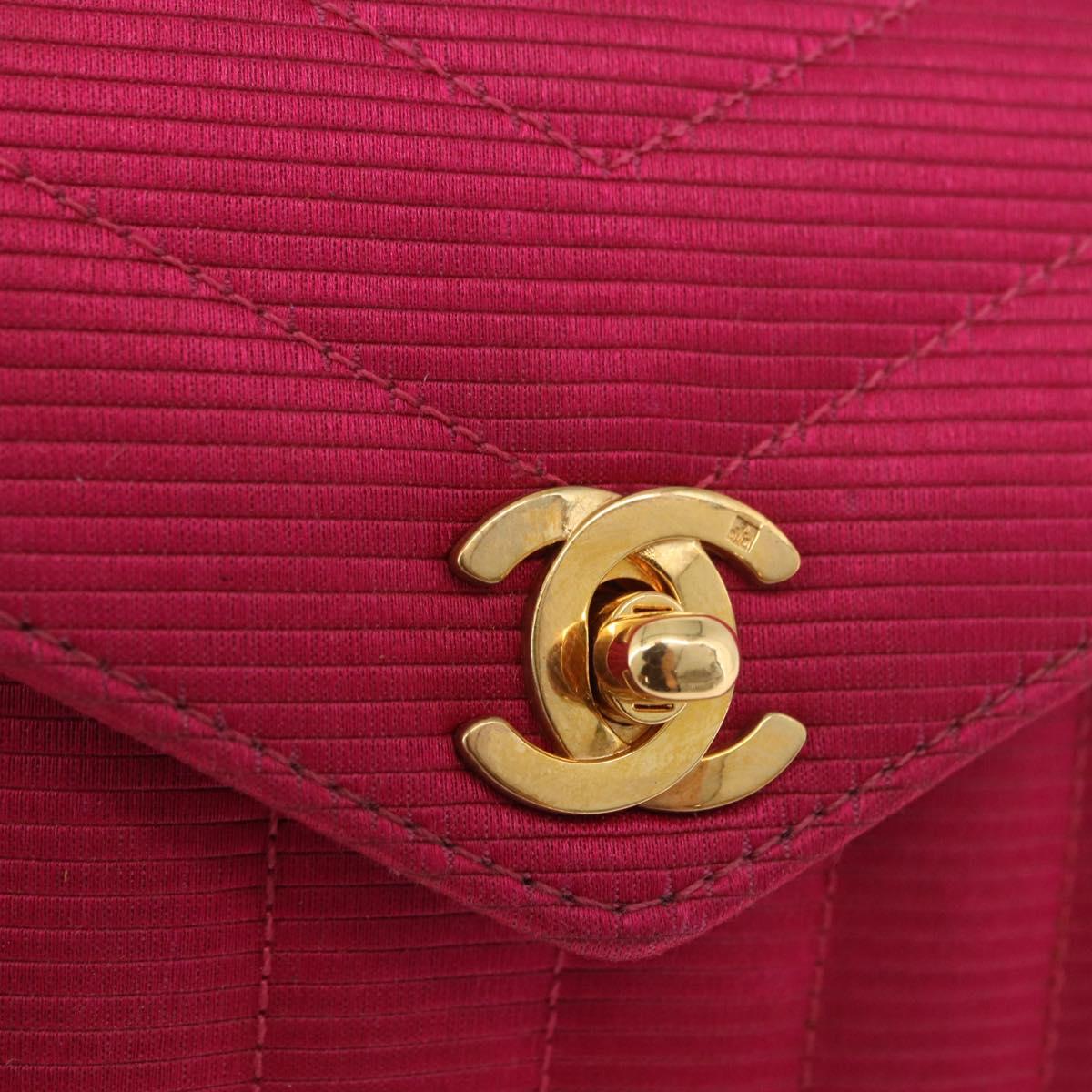 CHANEL V Stitched Chain Shoulder Bag Satin Pink Gold CC Auth 186601