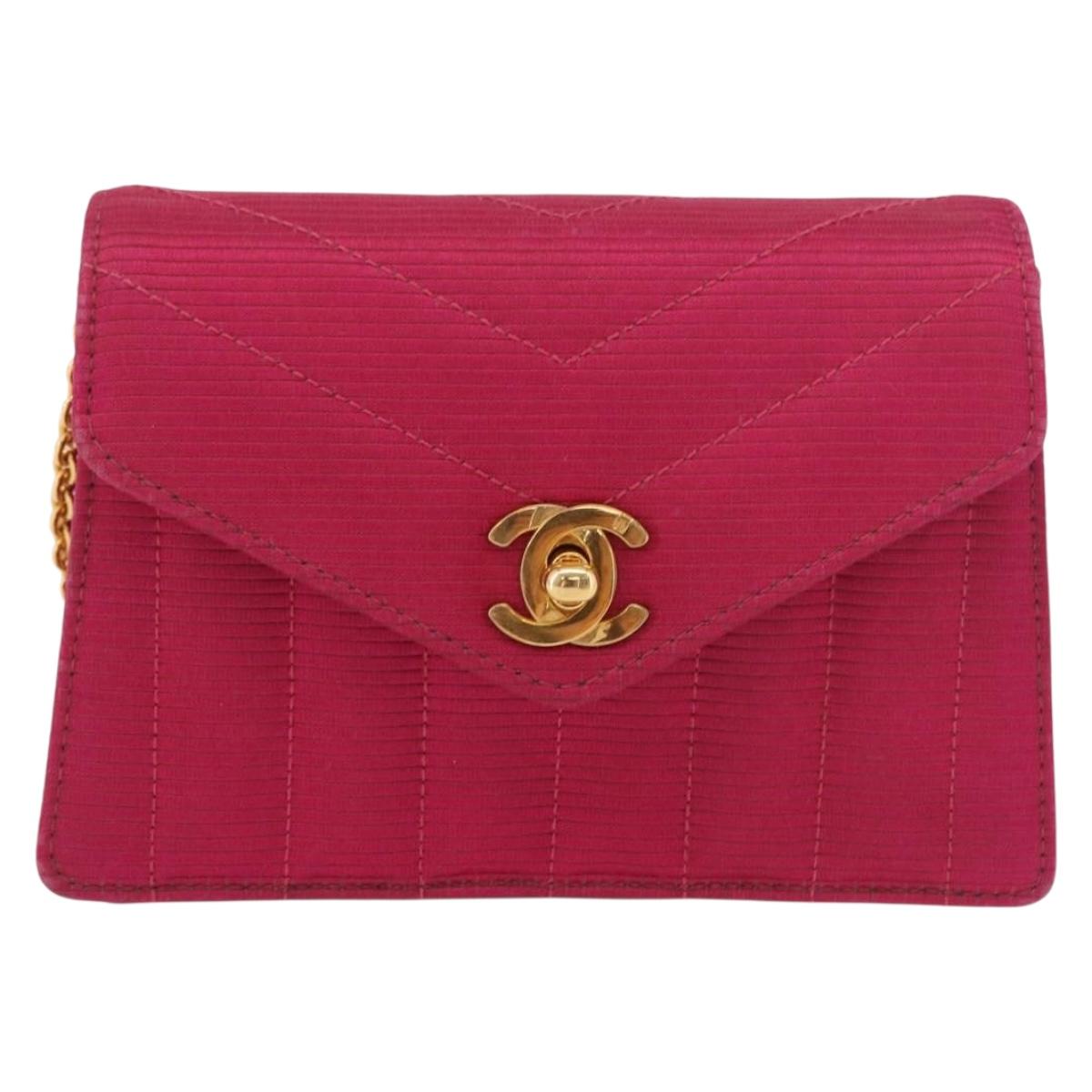 CHANEL V Stitched Chain Shoulder Bag Satin Pink Gold CC Auth 186601
