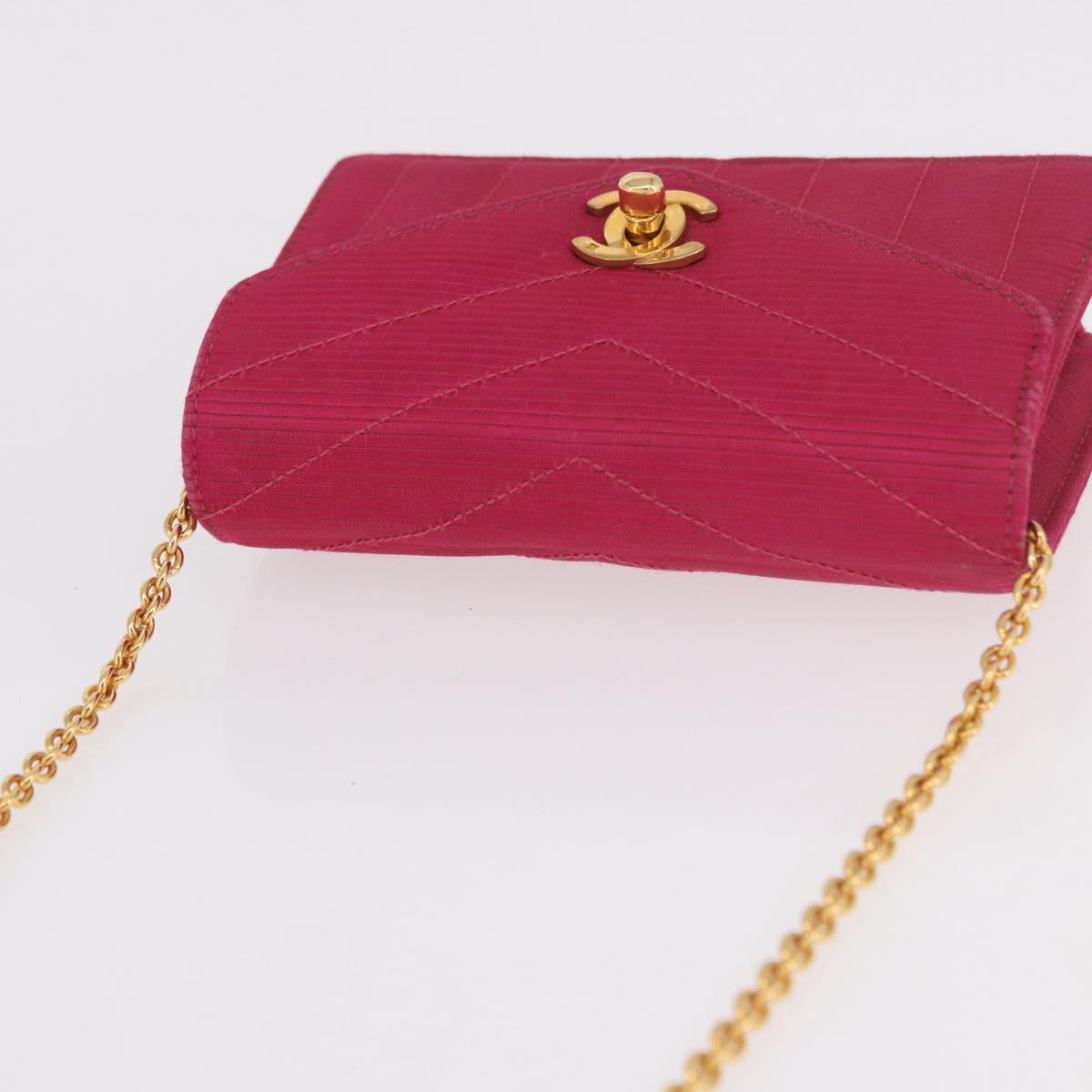 CHANEL V Stitched Chain Shoulder Bag Satin Pink Gold CC Auth 186601