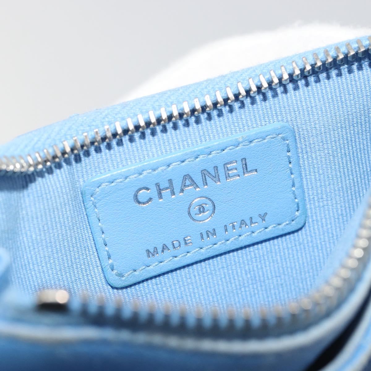 CHANEL Matelasse Coin Purse Leather Light Blue Silver CC Auth 186603