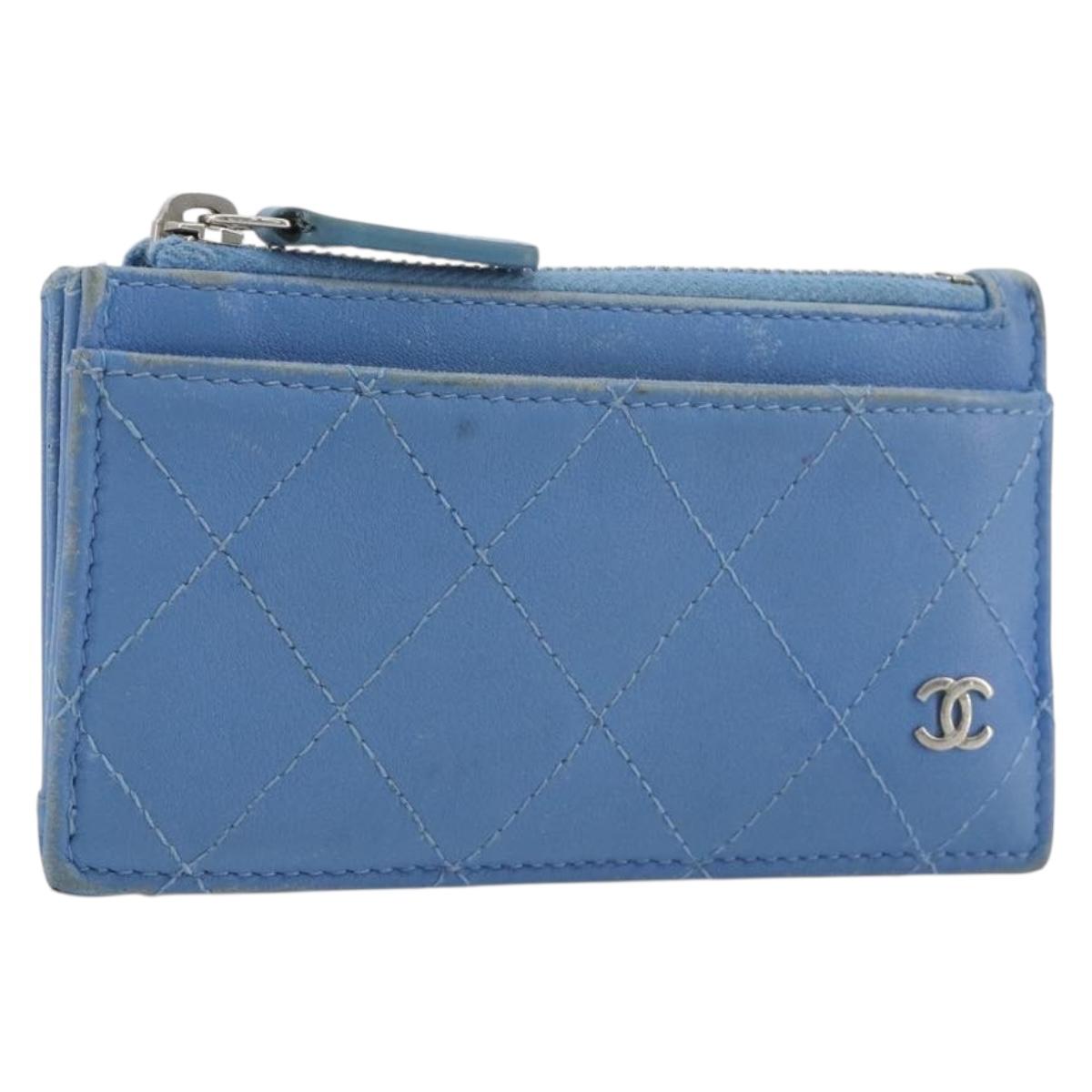 CHANEL Matelasse Coin Purse Leather Light Blue Silver CC Auth 186603
