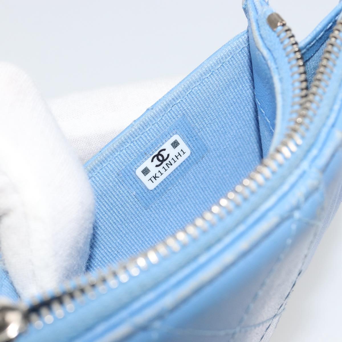 CHANEL Matelasse Coin Purse Leather Light Blue Silver CC Auth 186603