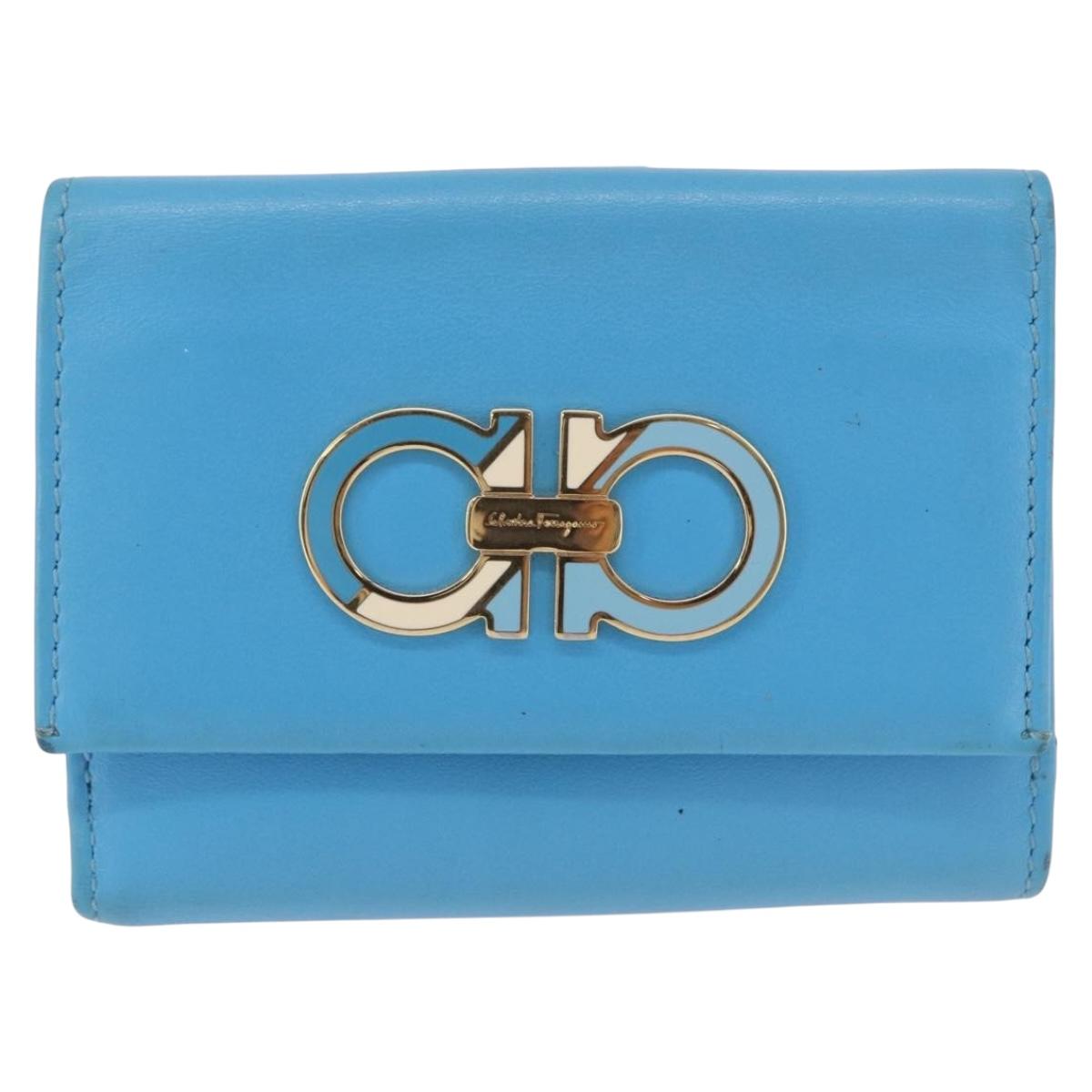 Salvatore Ferragamo Gancini Trifold Wallet Leather Light Blue Gold Auth 186604