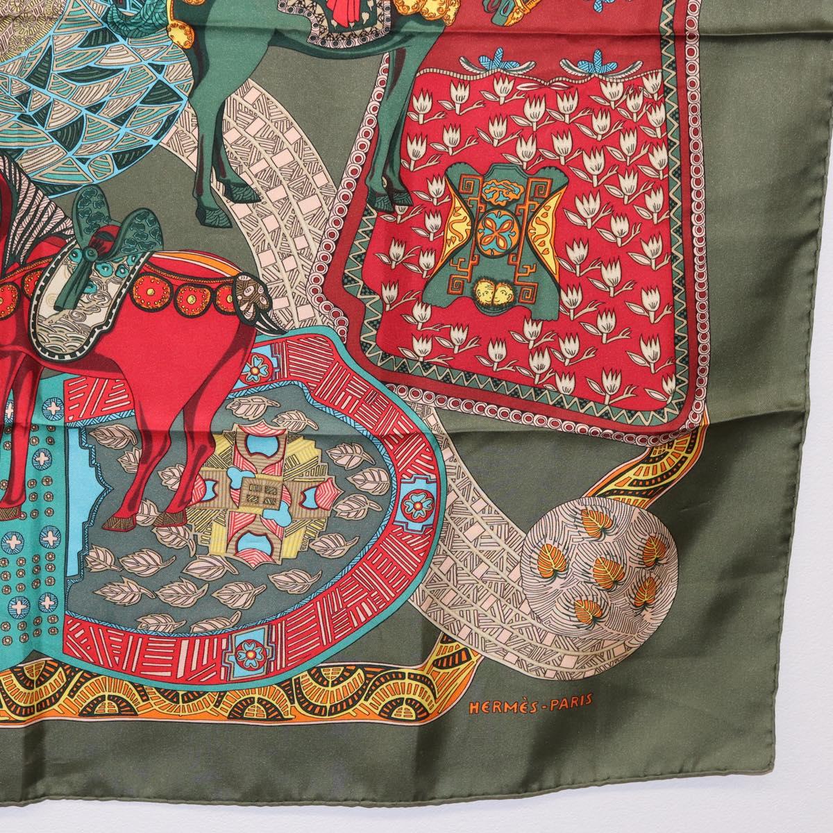 HERMES Carre 90 Scarf ""ART des STEPPES"" Silk Khaki Auth 186609