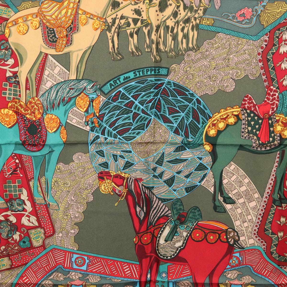 HERMES Carre 90 Scarf ""ART des STEPPES"" Silk Khaki Auth 186609
