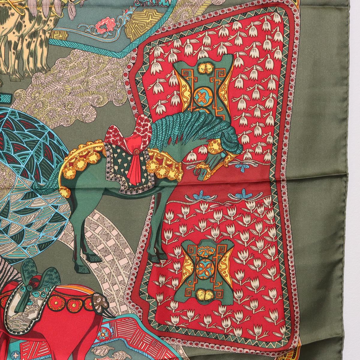 HERMES Carre 90 Scarf ""ART des STEPPES"" Silk Khaki Auth 186609
