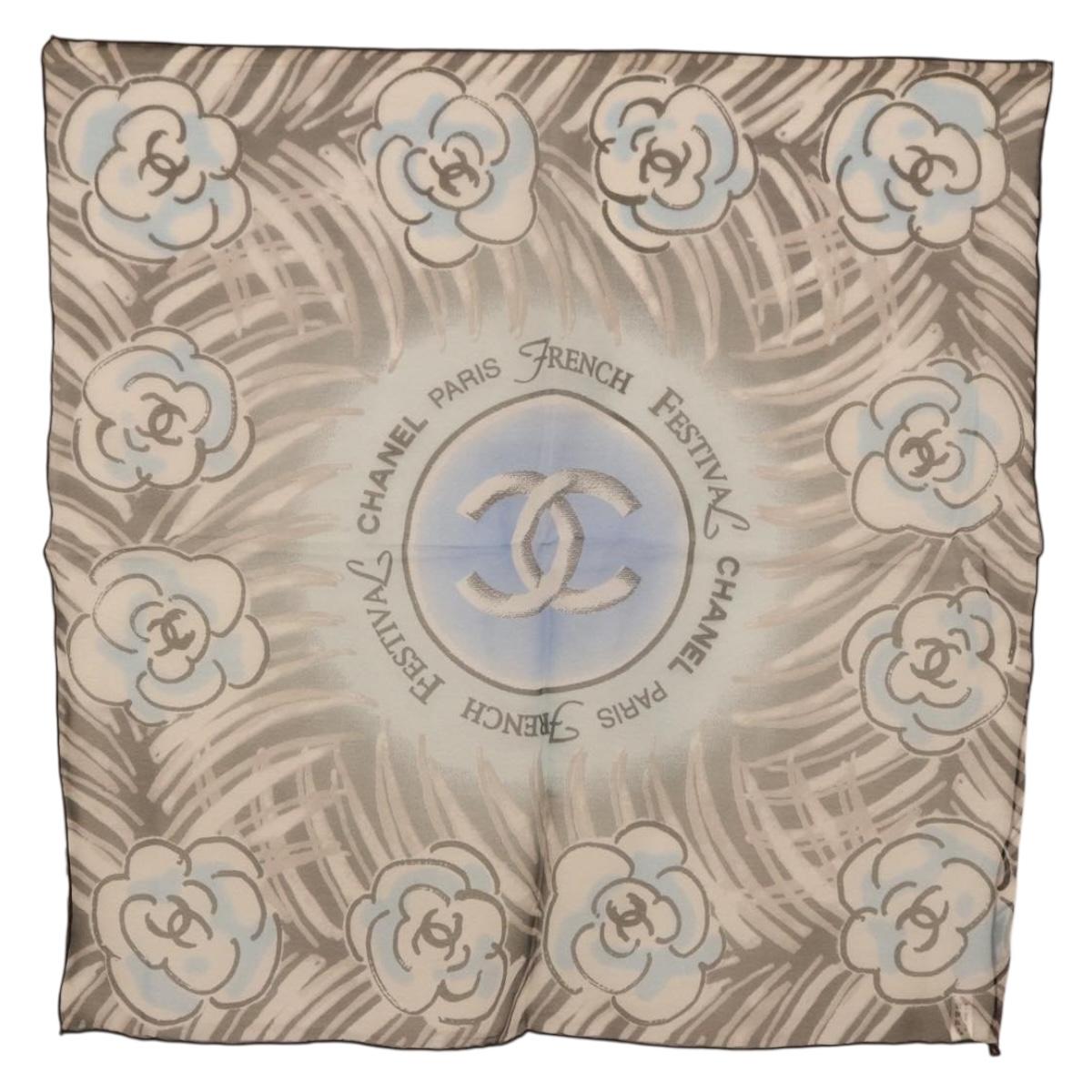 CHANEL Scarf Silk Gray CC Auth 186611A
