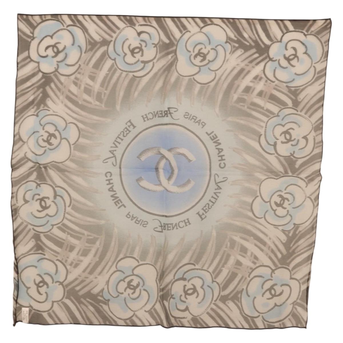 CHANEL Scarf Silk Gray CC Auth 186611A