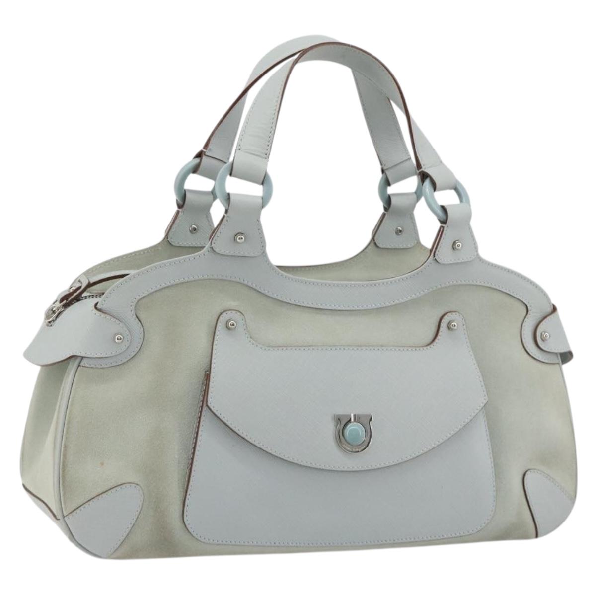 Salvatore Ferragamo Gancini Hand Bag Leather Suede Light Blue Silver Auth 186612