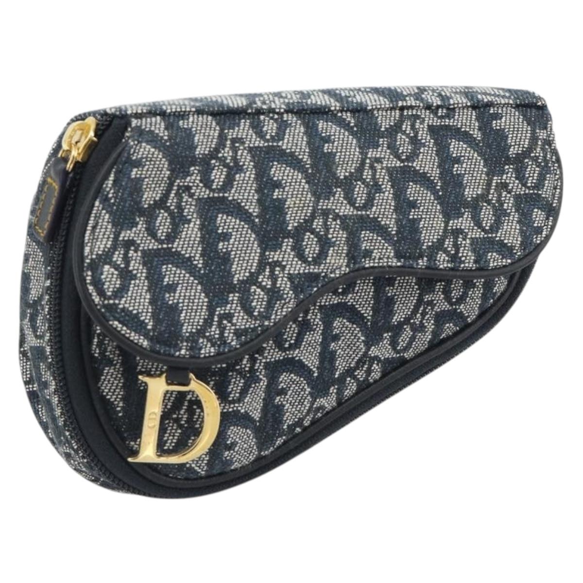 Christian Dior Trotter Canvas Accessory Pouch Navy Gold Auth 186653A
