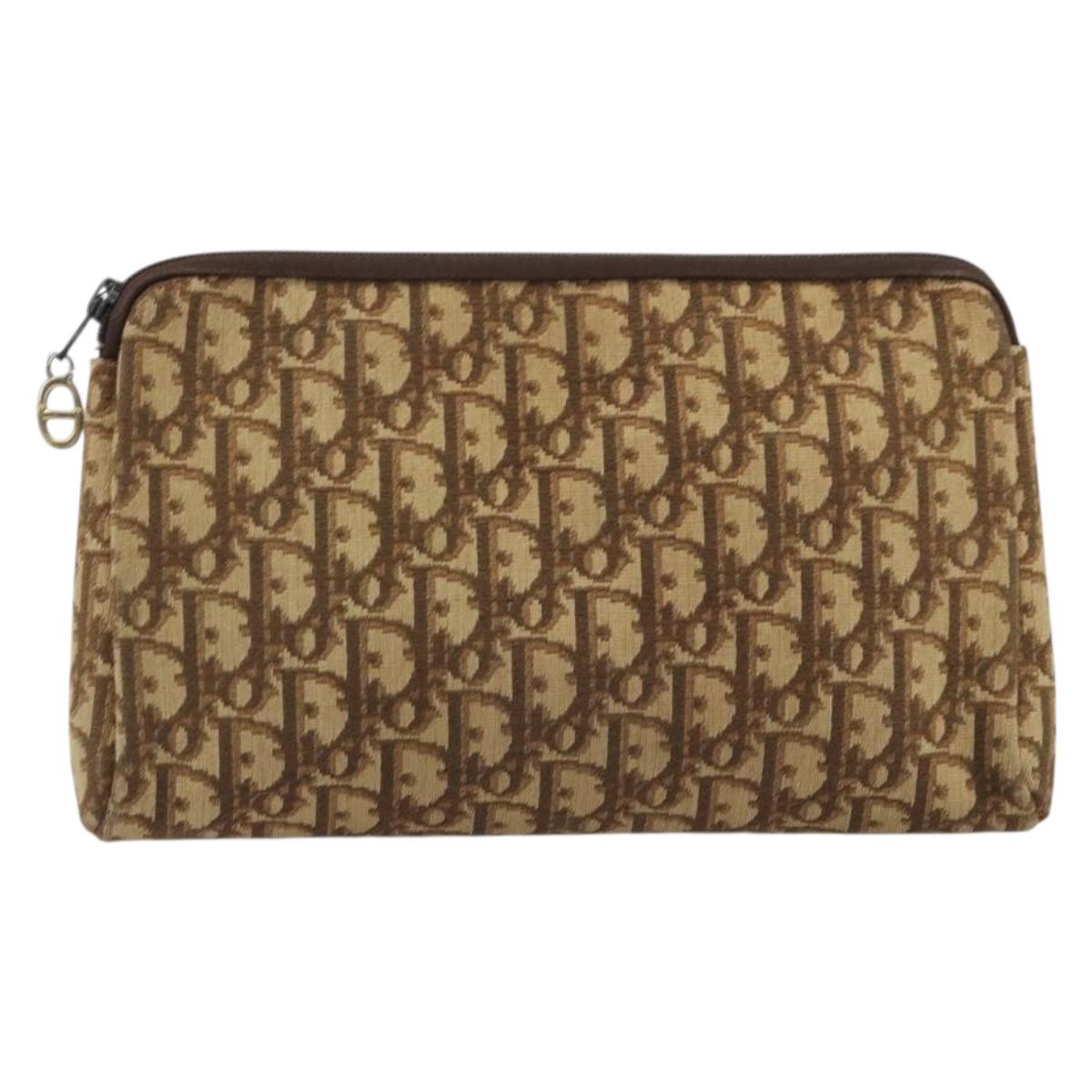 Christian Dior Trotter Canvas Clutch Bag Brown Gold Auth 186654