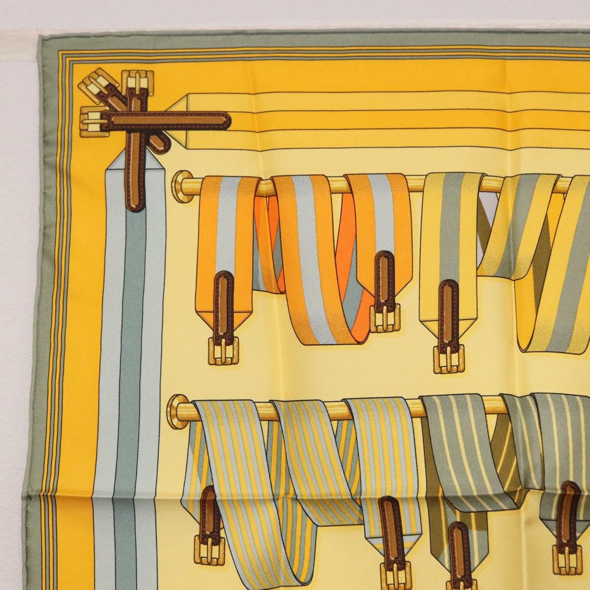 HERMES Carre 42 Scarf ""LES SANGLES"" Silk Yellow Auth 186659M