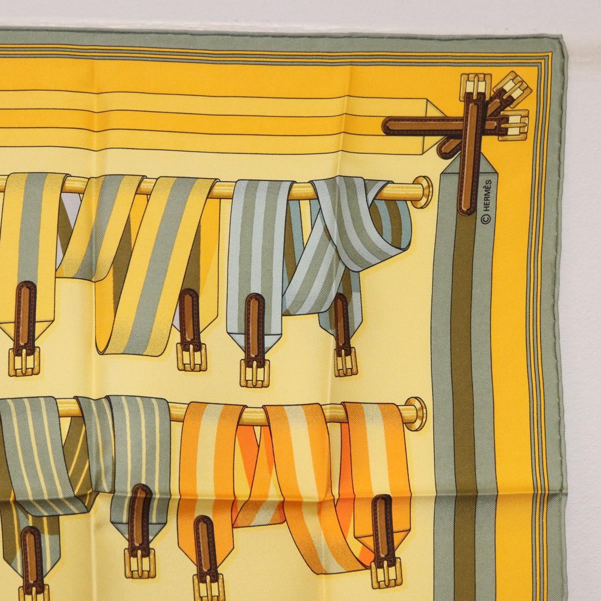 HERMES Carre 42 Scarf ""LES SANGLES"" Silk Yellow Auth 186659M