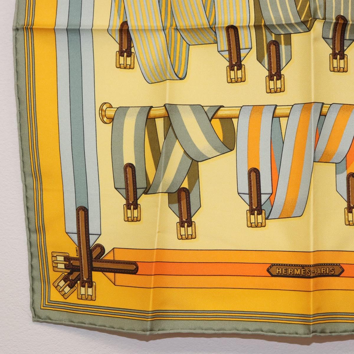 HERMES Carre 42 Scarf ""LES SANGLES"" Silk Yellow Auth 186659M
