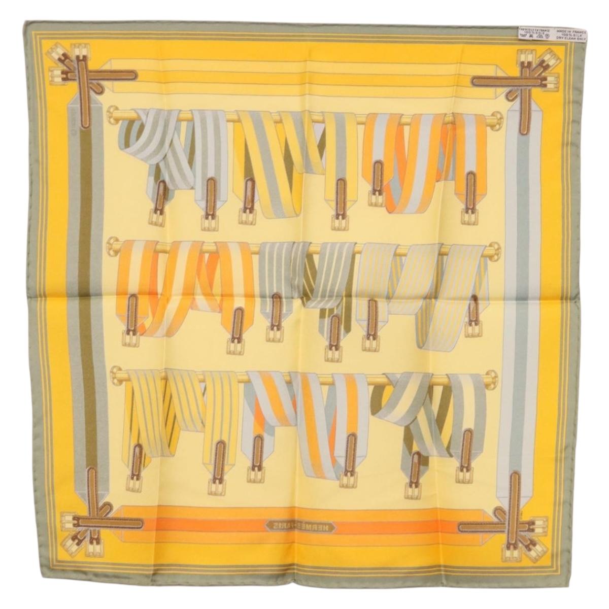 HERMES Carre 42 Scarf ""LES SANGLES"" Silk Yellow Auth 186659M