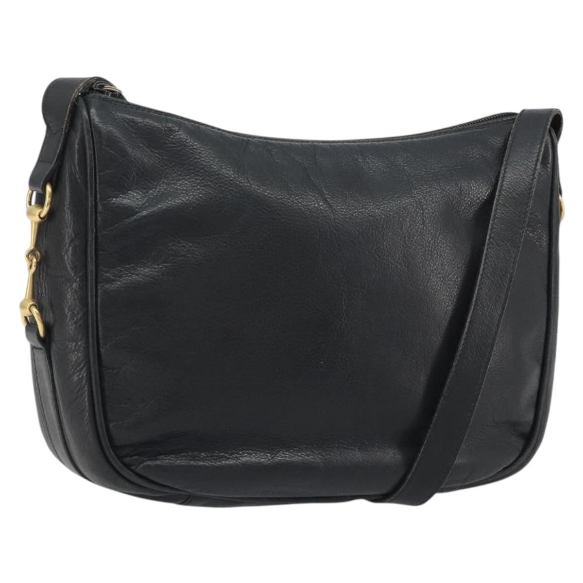 GUCCI Horsebit Shoulder Bag Leather Black Gold Auth 186667