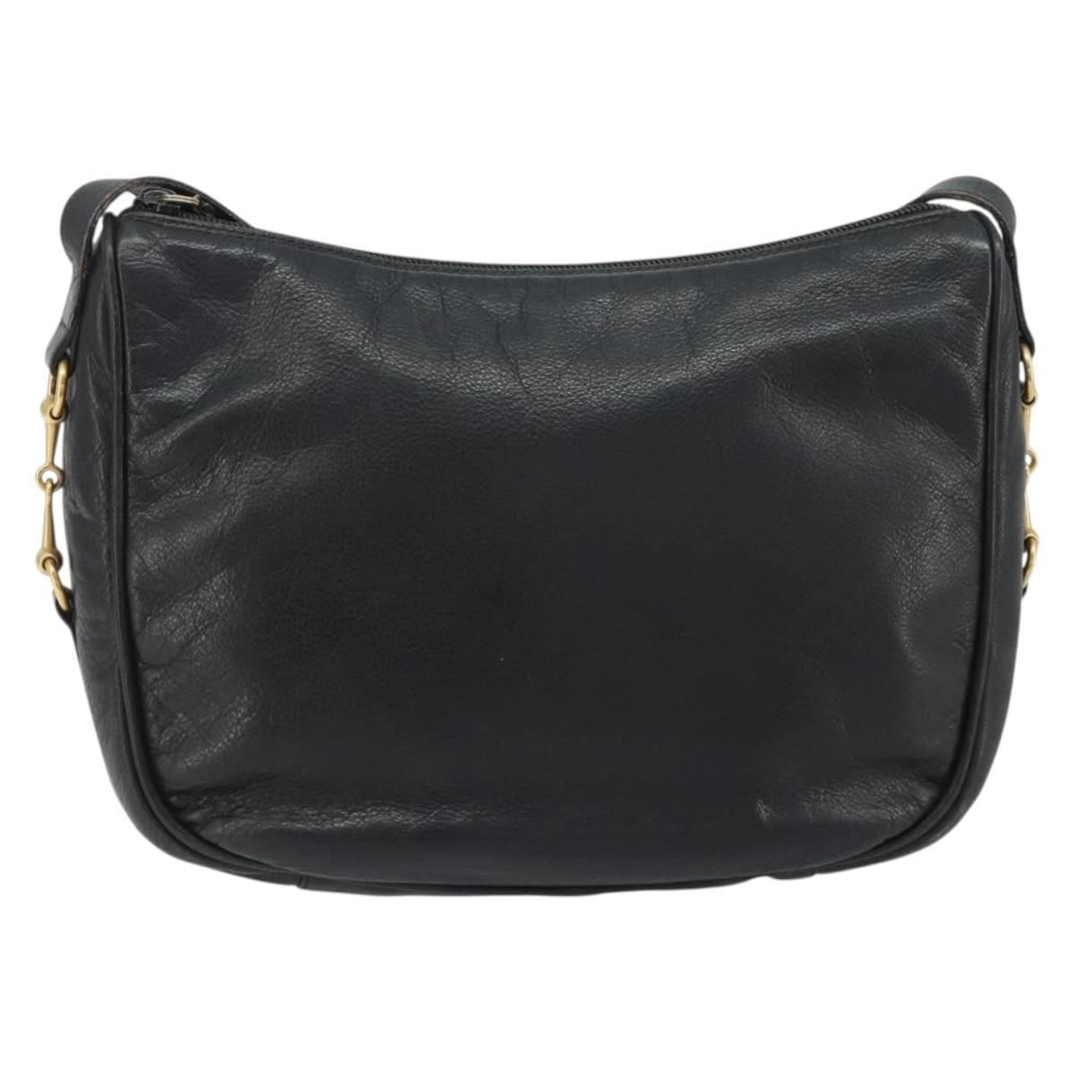 GUCCI Horsebit Shoulder Bag Leather Black Gold Auth 186667
