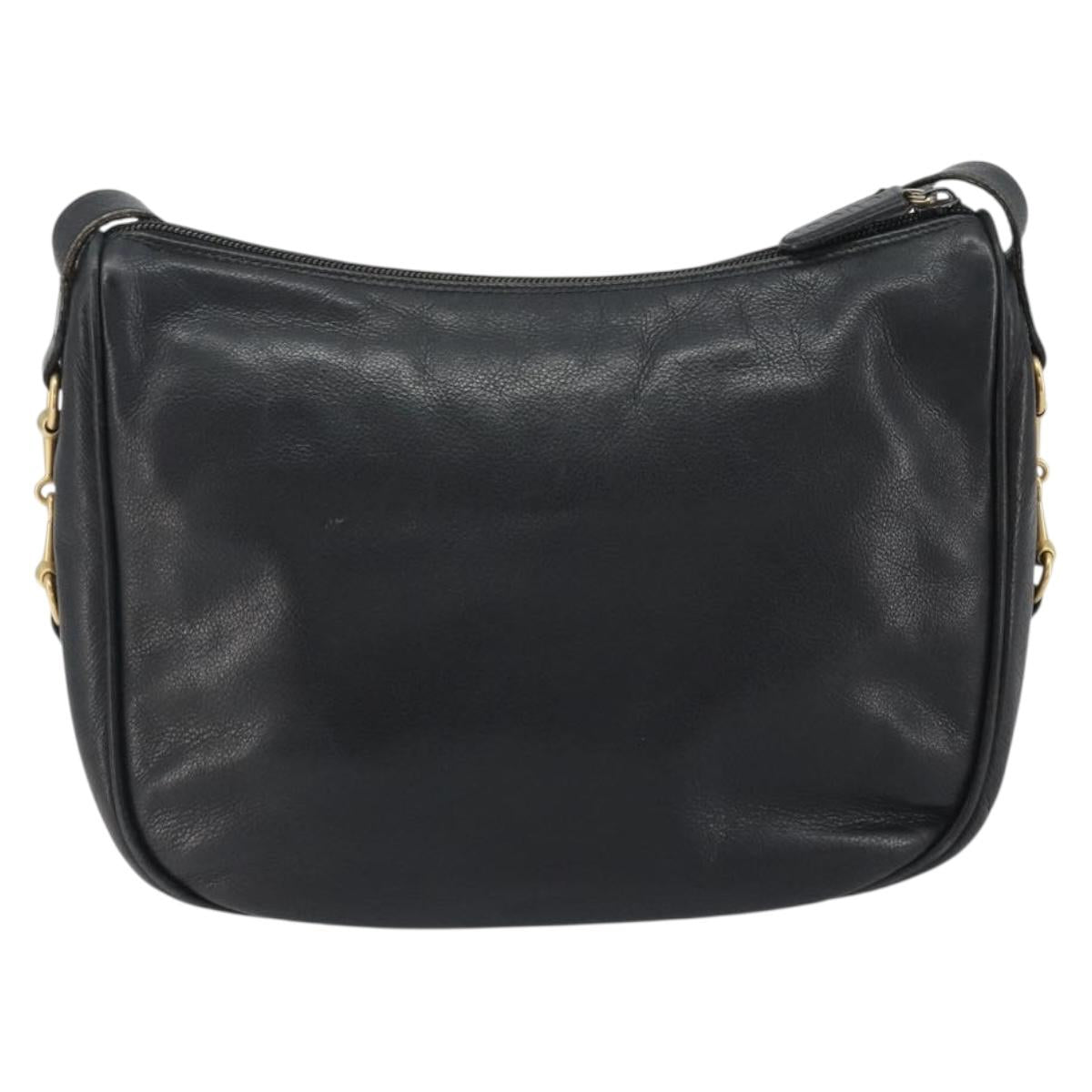 GUCCI Horsebit Shoulder Bag Leather Black Gold Auth 186667