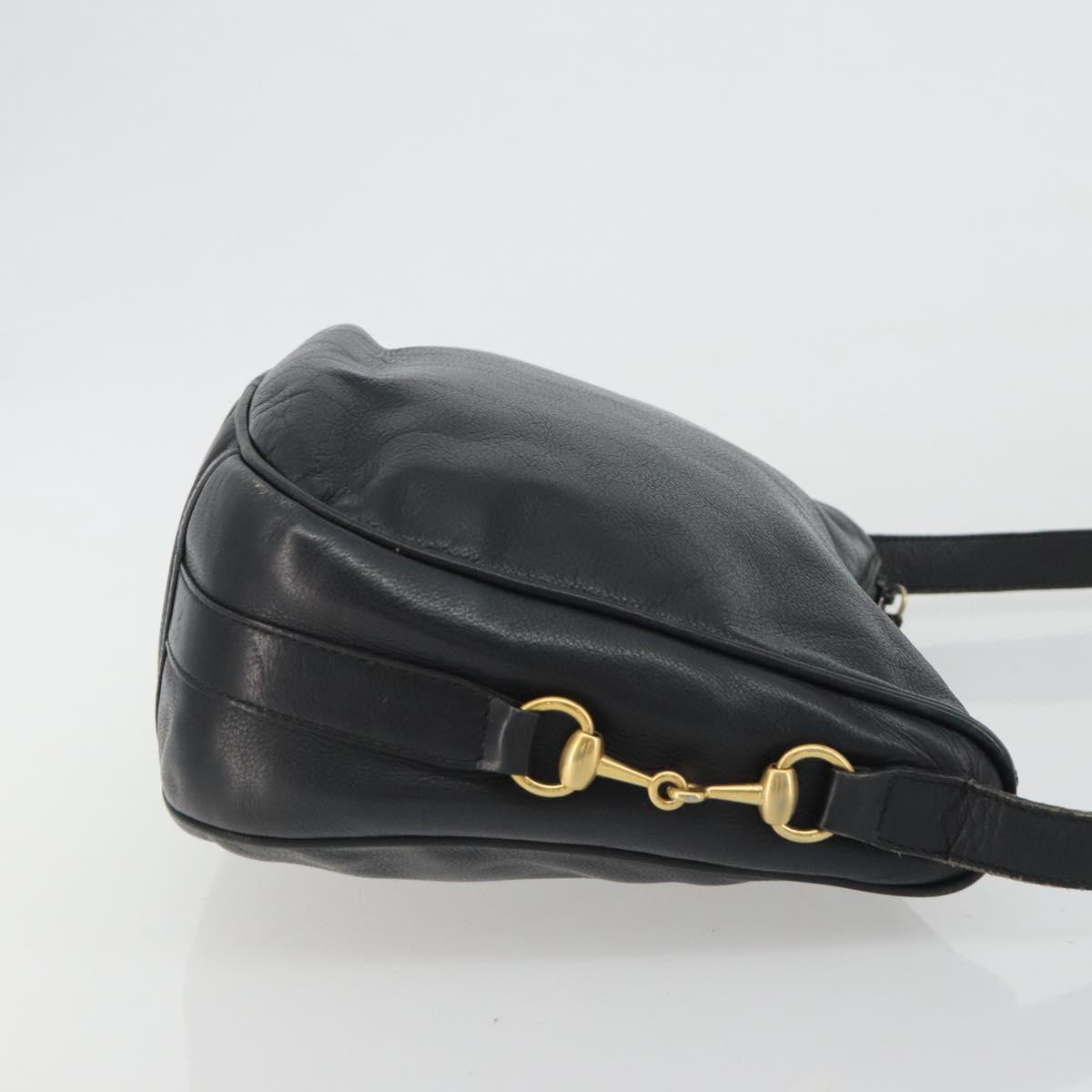 GUCCI Horsebit Shoulder Bag Leather Black Gold Auth 186667