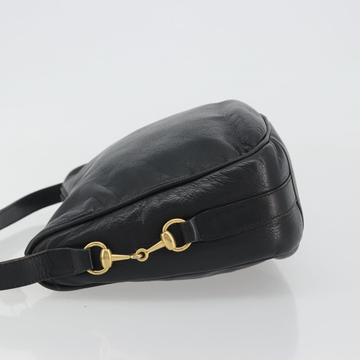GUCCI Horsebit Shoulder Bag Leather Black Gold Auth 186667