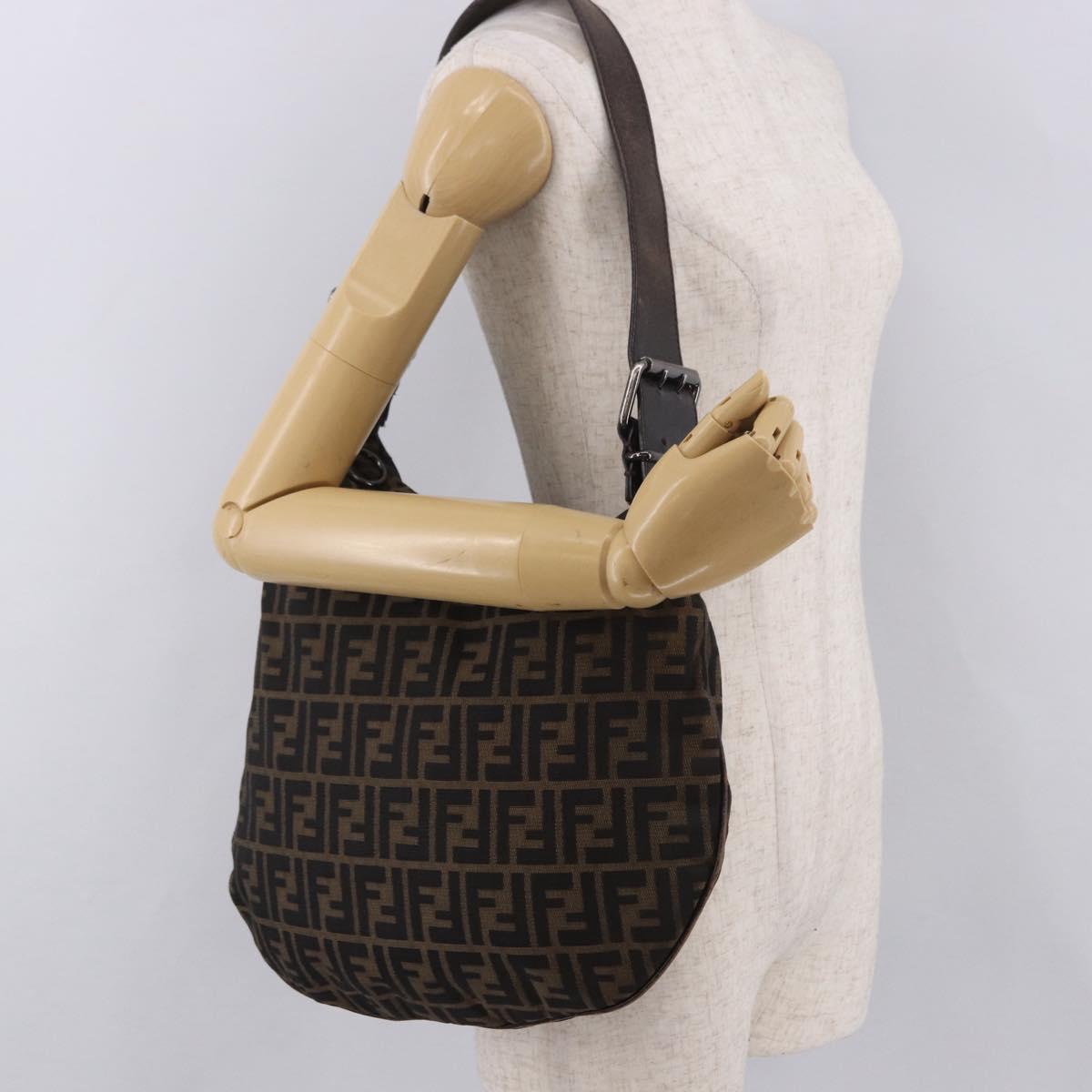 FENDI Zucca Canvas Mamma Baguette Shoulder Bag Brown Black Auth 186679