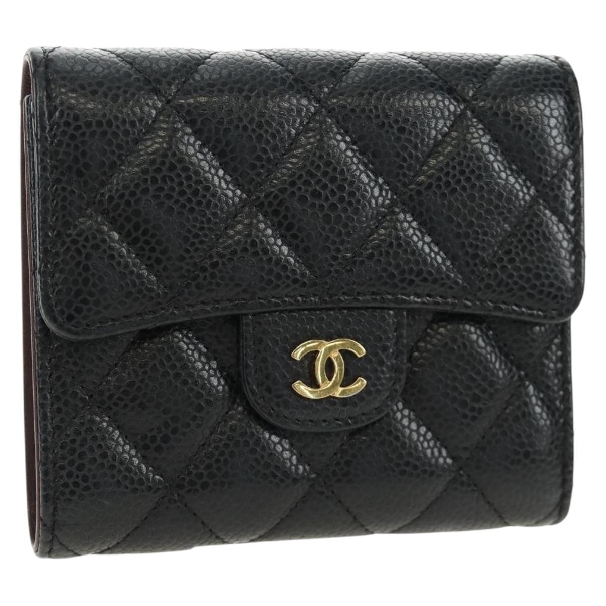 CHANEL Trifold Wallet Caviar Skin Black Gold CC Auth 186706SAM