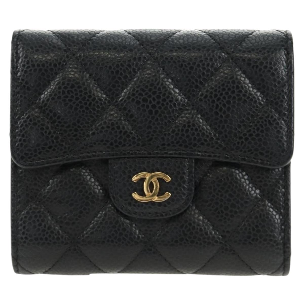 CHANEL Trifold Wallet Caviar Skin Black Gold CC Auth 186706SAM