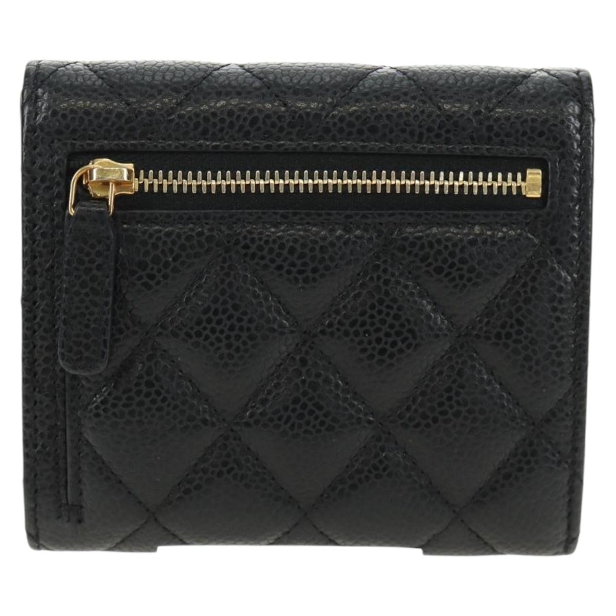 CHANEL Trifold Wallet Caviar Skin Black Gold CC Auth 186706SAM