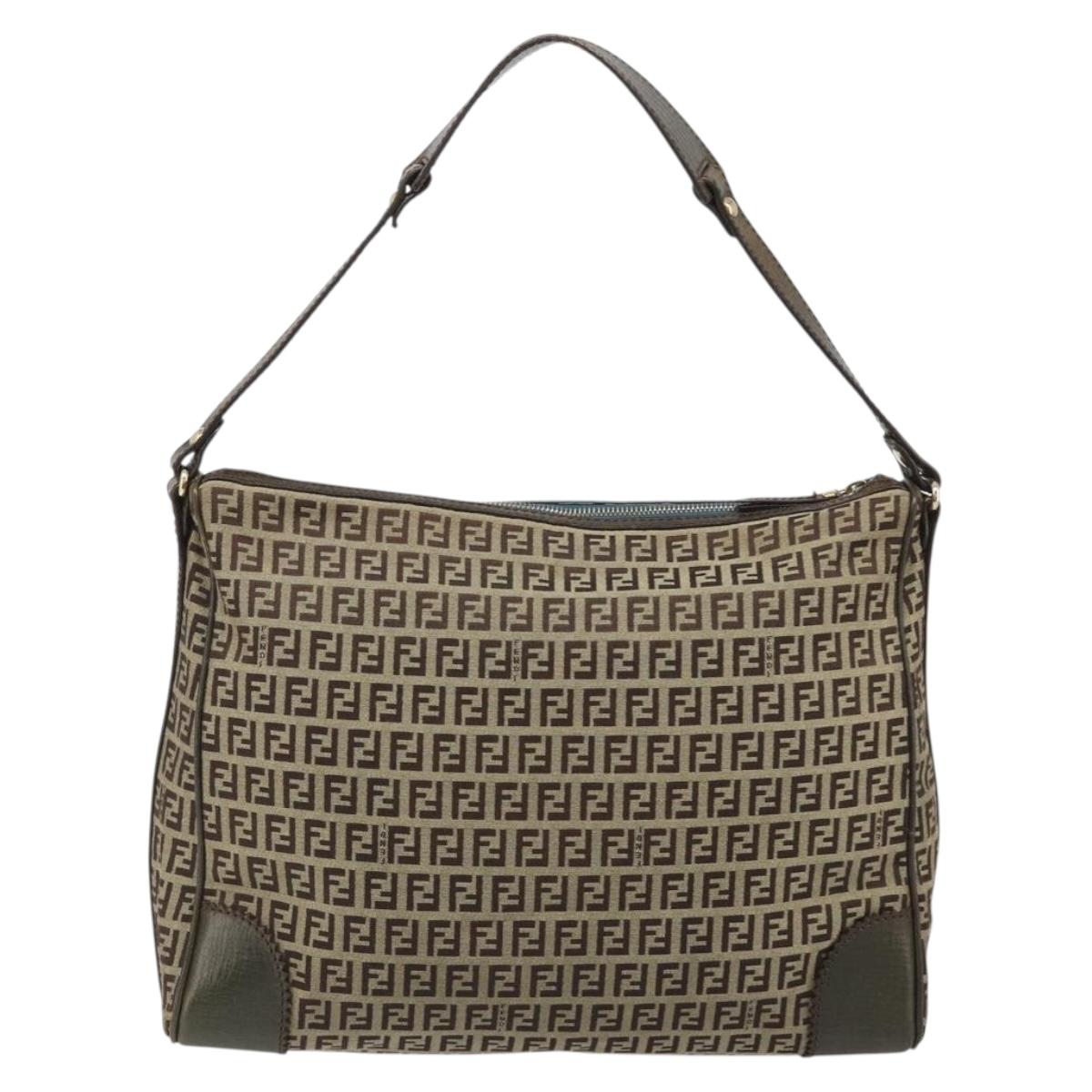 FENDI Zucchino Canvas Shoulder Bag Beige Gold 8BR531 Auth 186711V