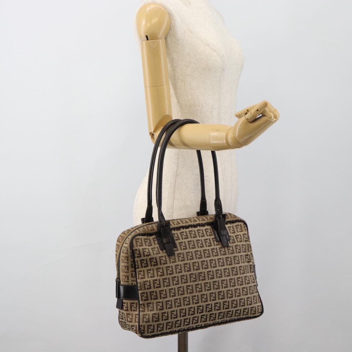 FENDI Zucchino Canvas Hand Bag Beige Silver Auth 186800A