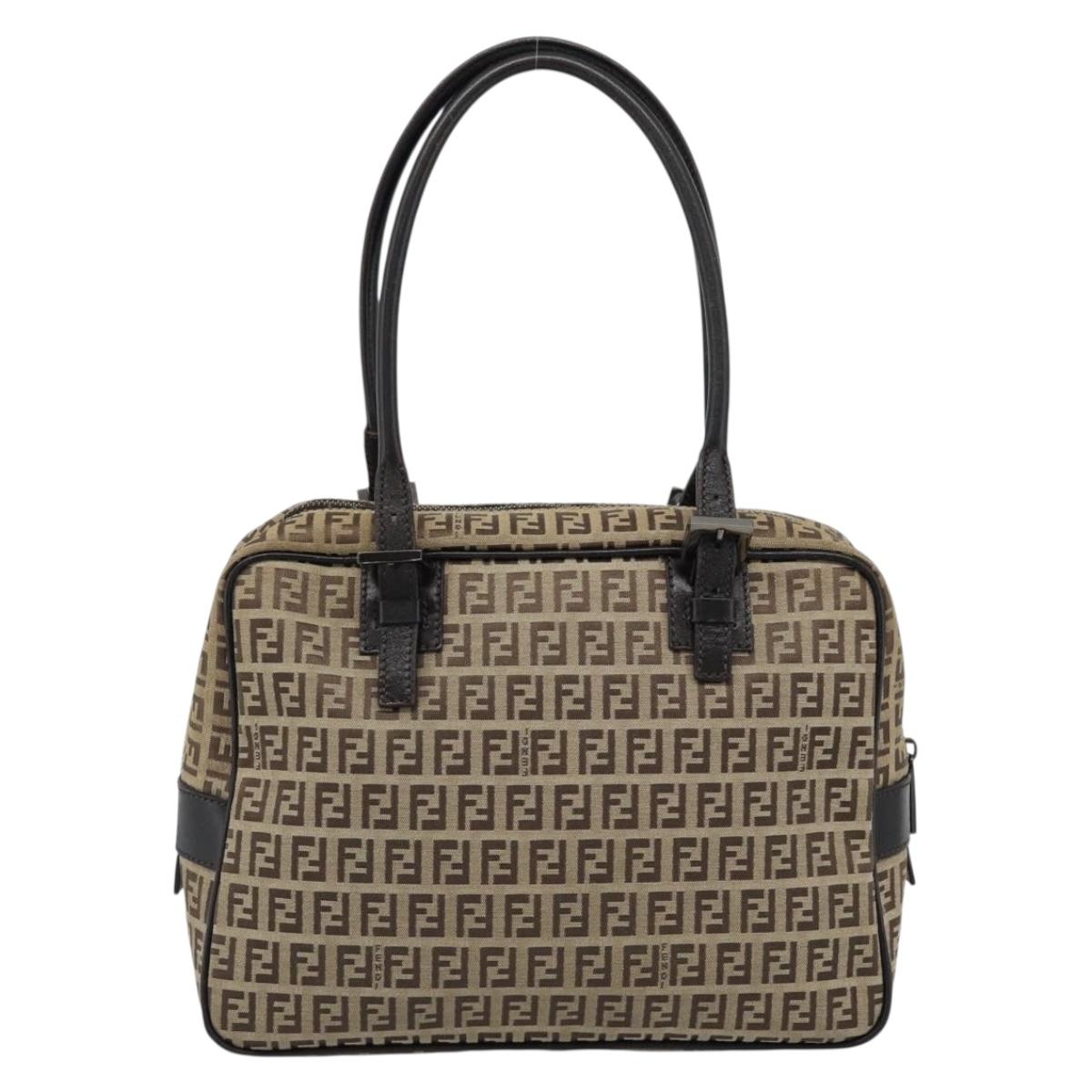FENDI Zucchino Canvas Hand Bag Beige Silver Auth 186800A