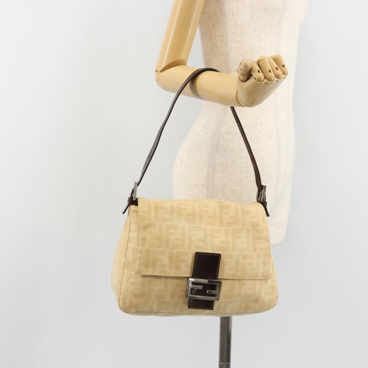 FENDI Zucca Canvas Mamma Baguette Shoulder Bag Beige Silver Auth 186809A