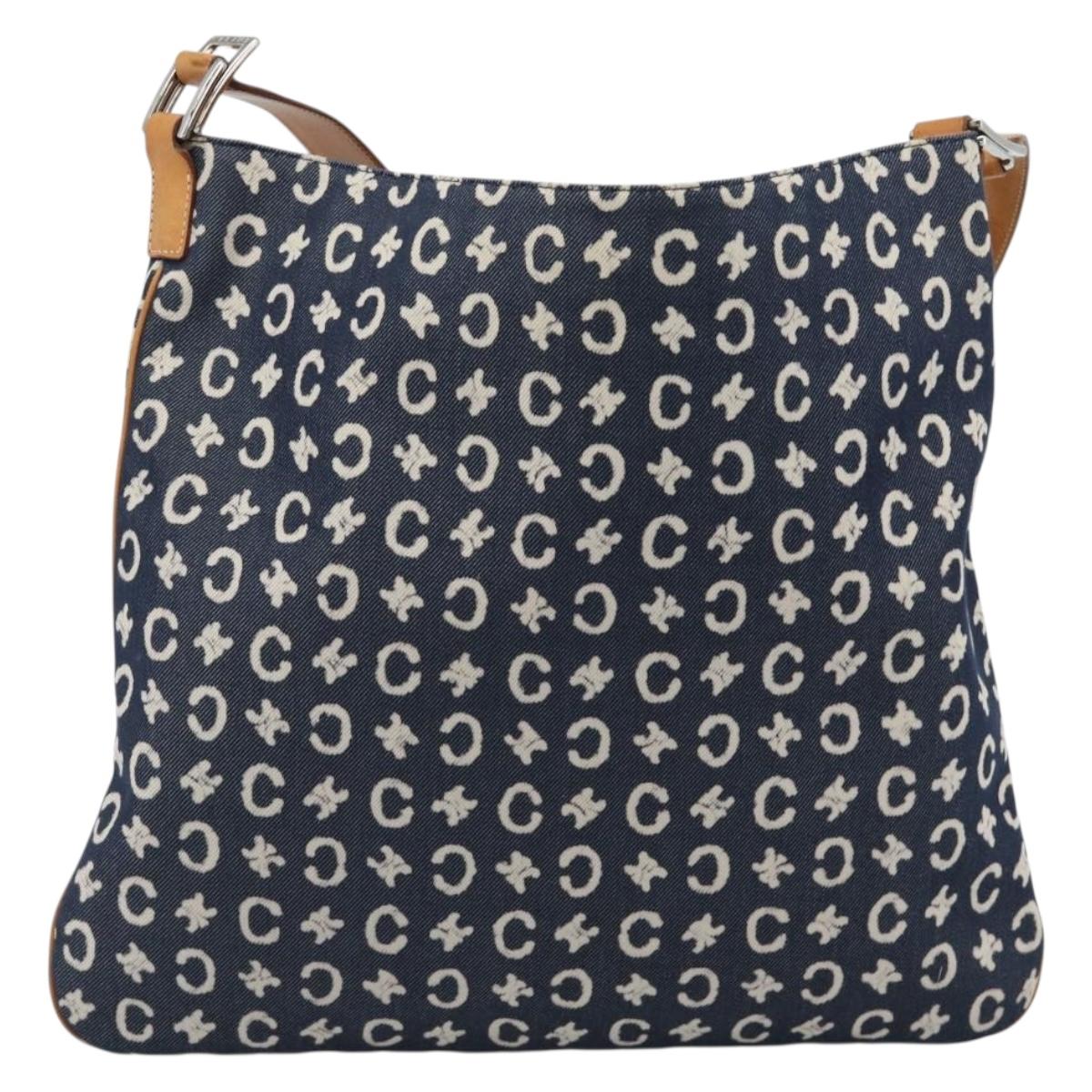 CELINE C Macadam Canvas Shoulder Bag Navy Silver Auth 186810A
