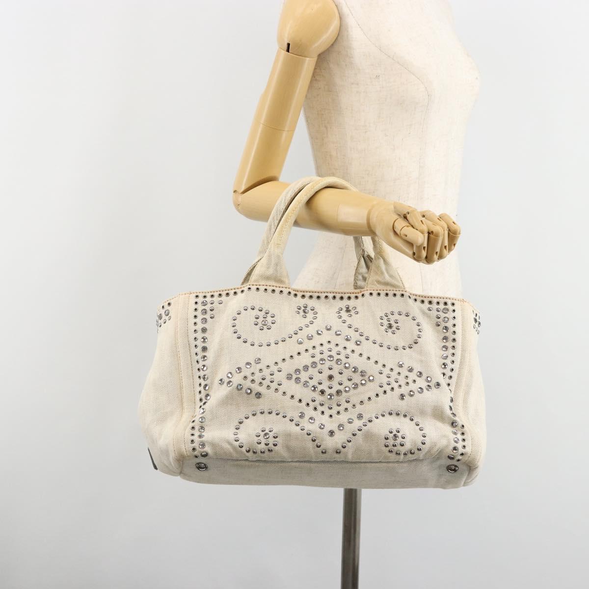 PRADA Canapa Hand Bag Canvas Gray Silver Auth 186823
