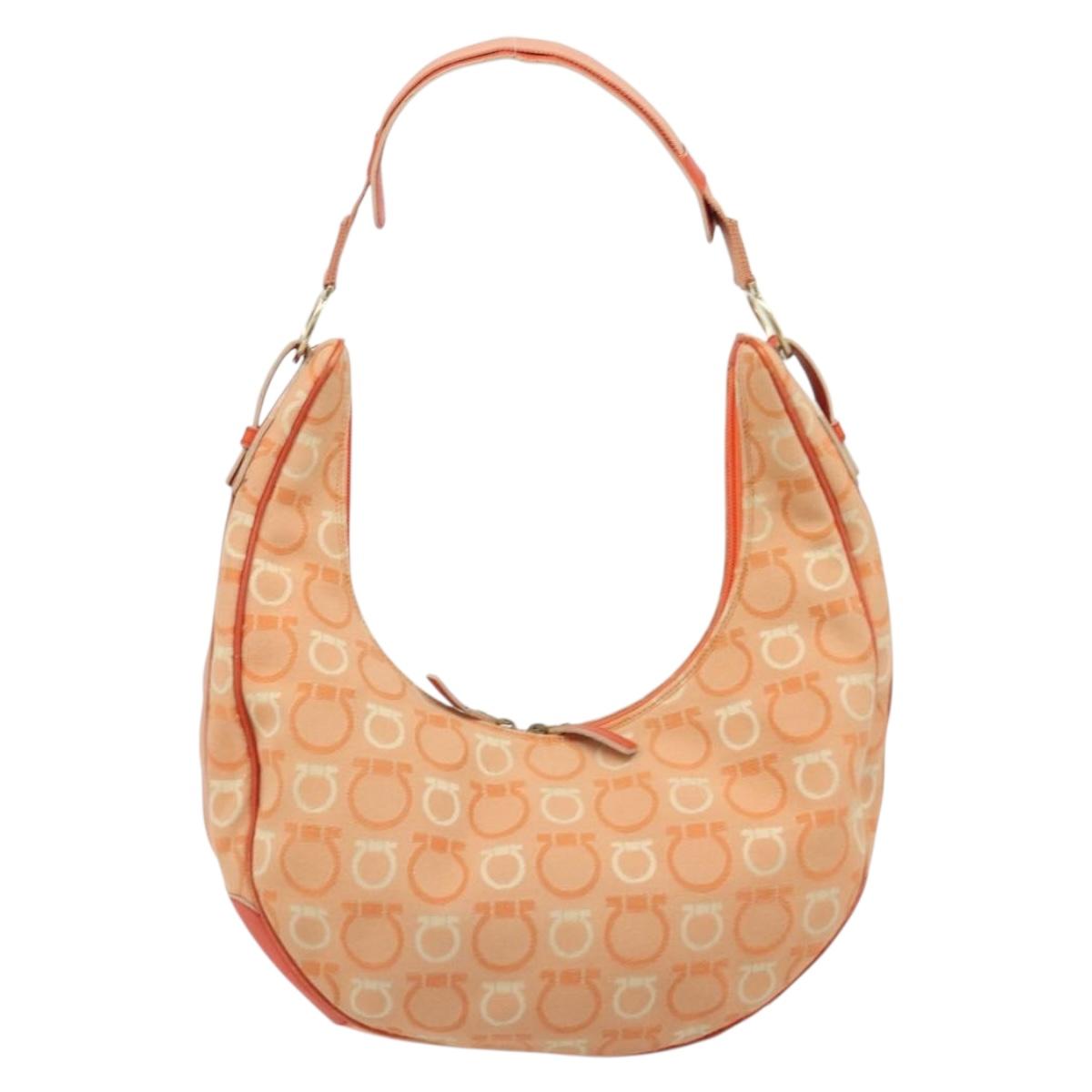 Salvatore Ferragamo Gancini Shoulder Bag Canvas Orange Gold Auth 186826